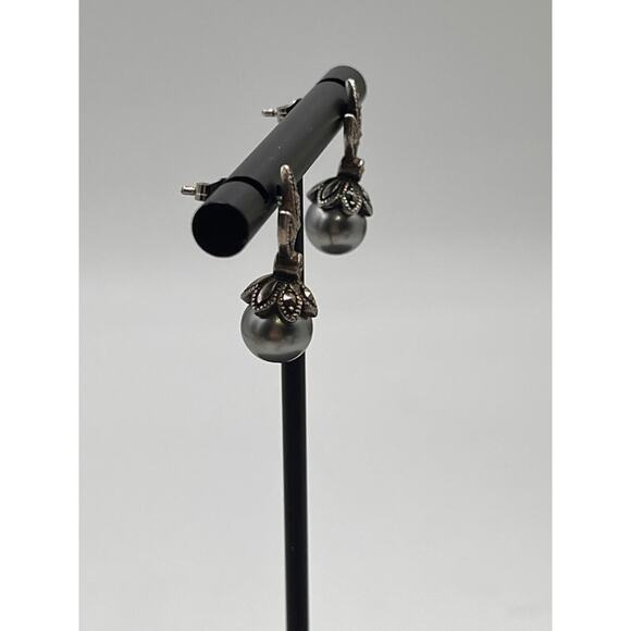 FAS Sterling Silver 925 Marcesite Gray Pearl Drop Dangle Earrings 3.6 grams - Picture 4 of 9